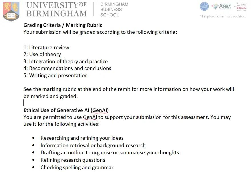 University of Birmingham Marking Rubric